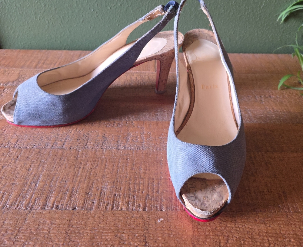 Christian Louboutin Gray Peep-Toe Slingbacks